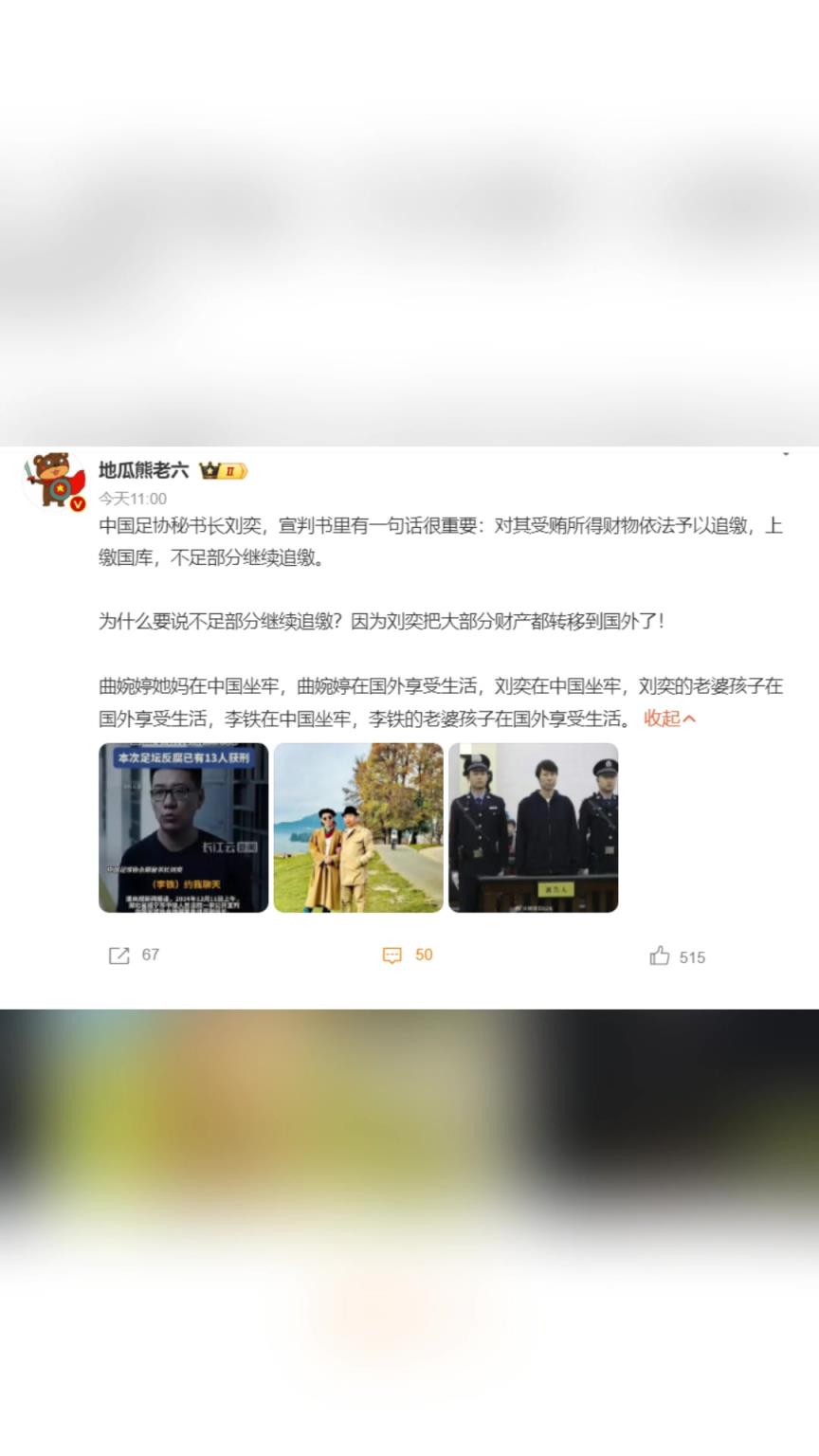 博主：为什么要说不足部分继续追缴？因为刘奕把财产转移到国外了